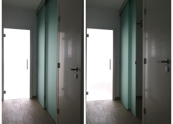 Glasdeur in kozijn + dubbele schuifdeur mat glas
